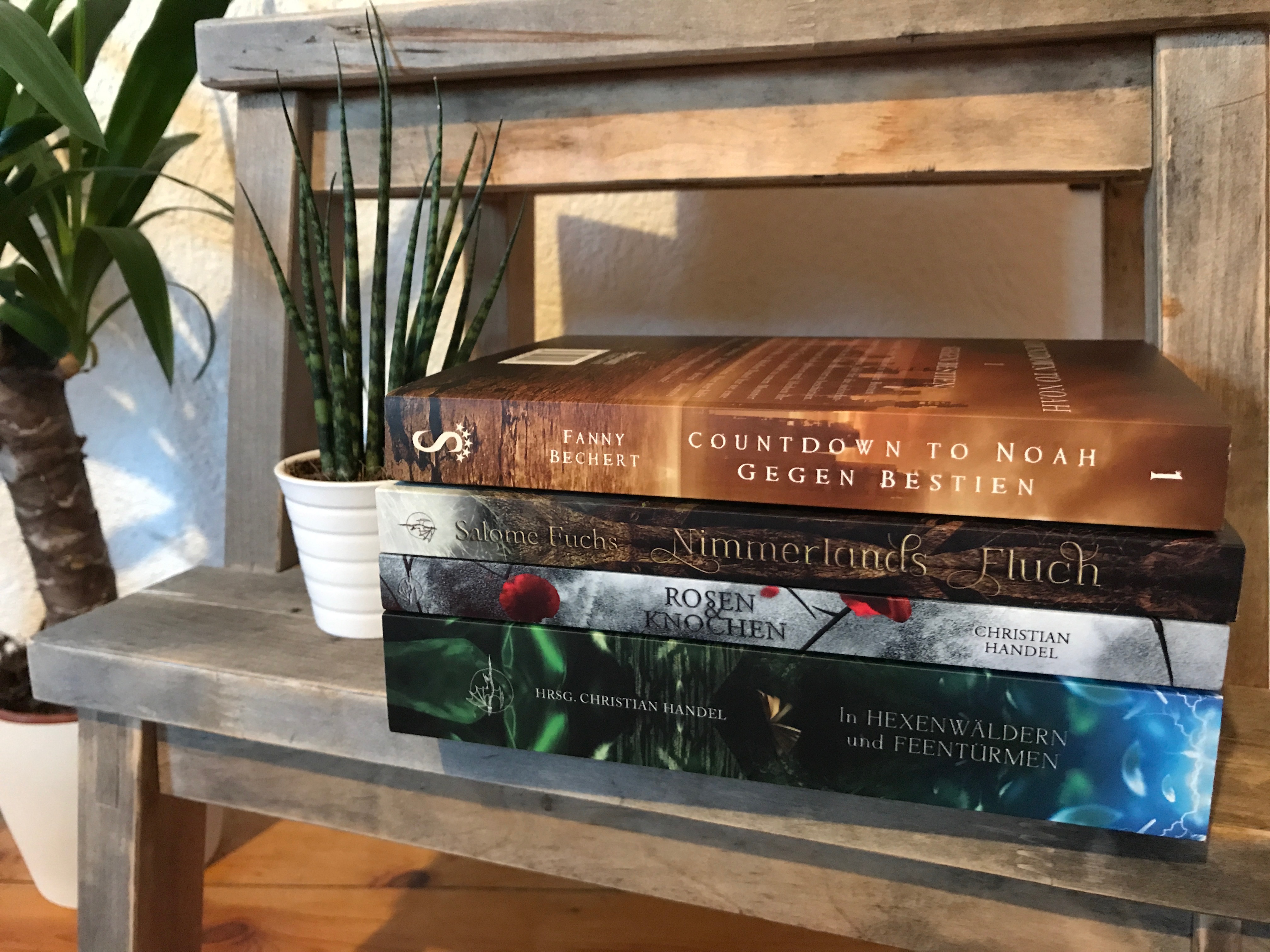Bücherstapel auf Hocker neben zwei Pflanzen